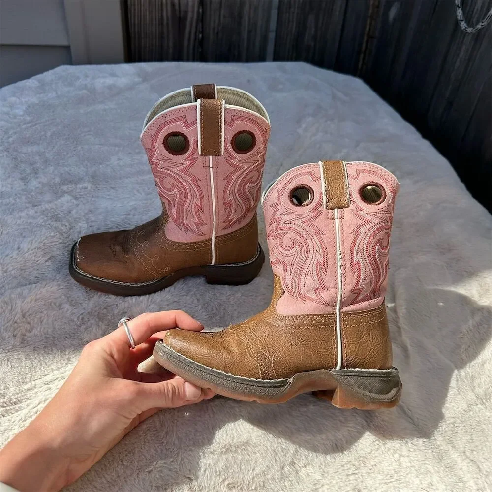 Durango Lil' Durango Girls Western Boots Tan Pink Square Toe Pull-On Size 10.5